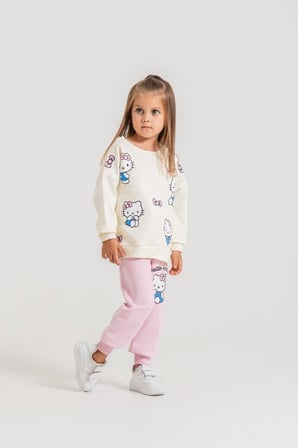 Pembe Eşofman Baskı Detaylı 3 İplik Sweatshirt & Eşofman Kız Çocuk Alt Üst Takım
