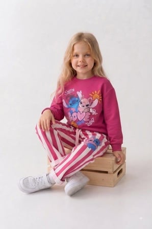 Love Baskılı Eşofman Çizgili Detaylı Kız Çocuk Sweatshirt & Eşofman Alt Üst Takım - Fuşya