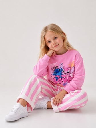 Love Baskılı Eşofman Çizgili Detaylı Kız Çocuk Sweatshirt & Eşofman Alt Üst Takım - Pembe