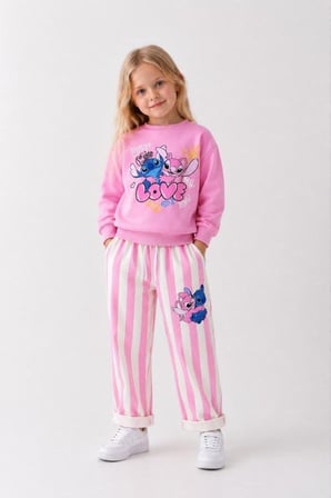 Love Baskılı Eşofman Çizgili Detaylı Kız Çocuk Sweatshirt & Eşofman Alt Üst Takım - Pembe