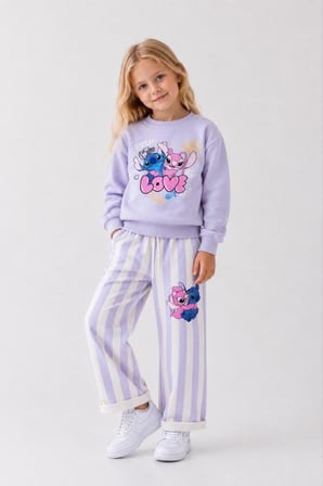 Love Baskılı Eşofman Çizgili Detaylı Kız Çocuk Sweatshirt & Eşofman Alt Üst Takım - Lila