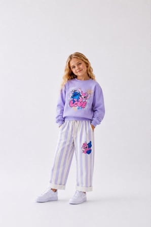 Love Baskılı Eşofman Çizgili Detaylı Kız Çocuk Sweatshirt & Eşofman Alt Üst Takım - Lila