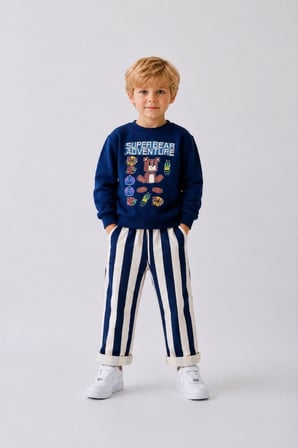 Baskılı Sweatshirt Lacivert Çizgili Pantolon Erkek Çocuk Alt Üst Takım