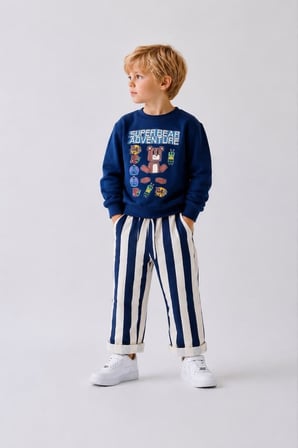 Baskılı Sweatshirt Lacivert Çizgili Pantolon Erkek Çocuk Alt Üst Takım