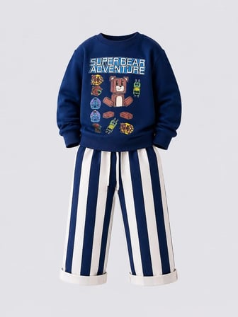 Baskılı Sweatshirt Lacivert Çizgili Pantolon Erkek Çocuk Alt Üst Takım