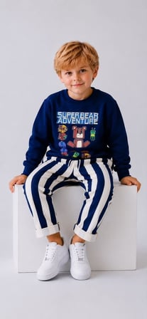 Baskılı Sweatshirt Lacivert Çizgili Pantolon Erkek Çocuk Alt Üst Takım