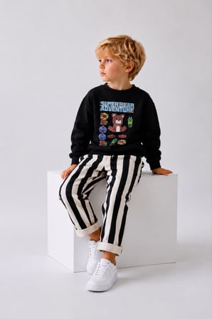 Baskılı Sweatshirt Siyah Çizgili Pantolon Erkek Çocuk Alt Üst Takım