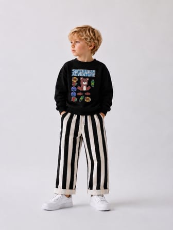 Baskılı Sweatshirt Siyah Çizgili Pantolon Erkek Çocuk Alt Üst Takım