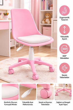 Pembe Ergonomik Çalışma Sandalyesi – Yükseklik Ayarlı, 360° Döner, Minderli ve Tekerlekli