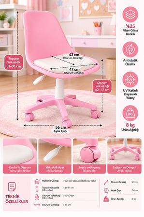 Pembe Ergonomik Çalışma Sandalyesi – Yükseklik Ayarlı, 360° Döner, Minderli ve Tekerlekli