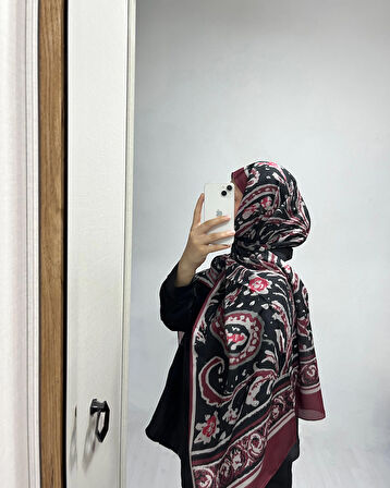 Aminenesil Etnik Desen Siyah Bordo Renk Soft Pamuk Şal
