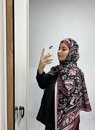 Aminenesil Etnik Desen Siyah Bordo Renk Soft Pamuk Şal