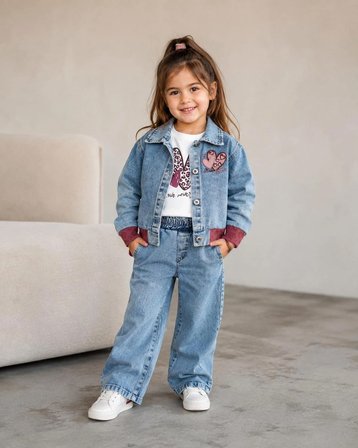 Kız Çocuk Kalpli Denim 3'lü Takım