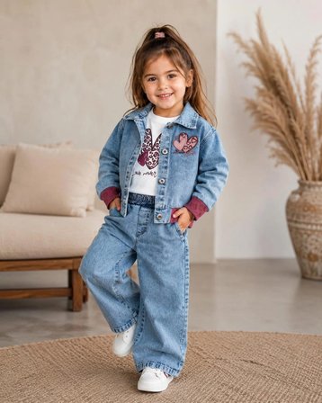 Kız Çocuk Kalpli Denim 3'lü Takım