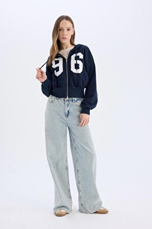 DeFacto Coool Oversize Geniş Kalıp Kapüşonlu Baskılı Kalın Fermuarlı Sweat Hırka E5462AX25SMNV241