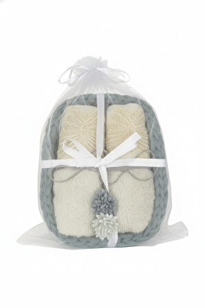 Çiçek Nakışlı Örgü Sepetli 2'li Premium El ve Yüz Havlu Seti – Hediyelik – %100 Pamuk – Yumuşak Dokulu