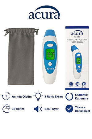 AC-9280 Kulaktan Ateş Ölçer, Alından Ateş Ölçer, Çantalı, 3 Renk Ekran, Yüksek Hassasiyet