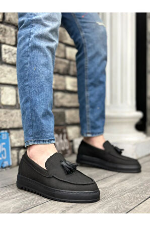 Arda  BA0154 Bağcıksız Yüksek Taban Siyah Keten Siyah Taban Püsküllü Erkek Ayakkabı