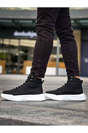 Arda  BA0321 Gizli Bağcıklı Erkek Yüksek Taban Siyah Beyaz Spor Bot