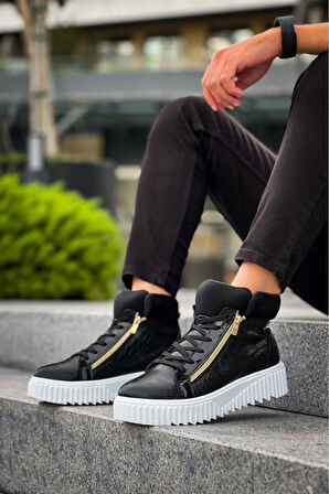 Arda  SNR-512 BOA Kalın Yüksek Taban Çift Fermuarlı Siyah Erkek Spor Bot