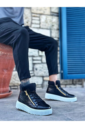 Arda  SNR-512 BOA Kalın Yüksek Taban Çift Fermuarlı Siyah Erkek Spor Bot