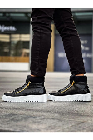 Arda  SNR-512 BOA Kalın Yüksek Taban Çift Fermuarlı Siyah Erkek Spor Bot