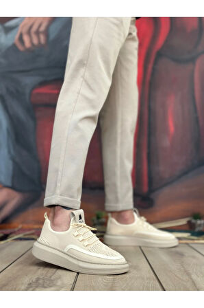 BA0375 Özel Örme Triko Tarz Krem Renk Spor Ayakkabı