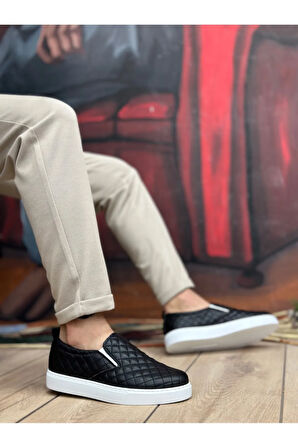 Arda  BA0353 Bağcıksız Kapitone Siyah Beyaz Taban Günlük Erkek Ayakkabı