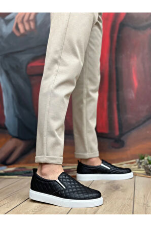 Arda  BA0353 Bağcıksız Kapitone Siyah Beyaz Taban Günlük Erkek Ayakkabı