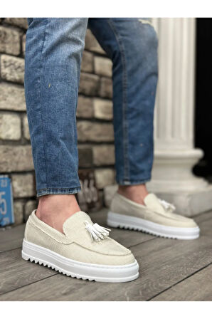Arda  BA0154 Bağcıksız Yüksek Taban Beyaz Keten Püsküllü Erkek Ayakkabı