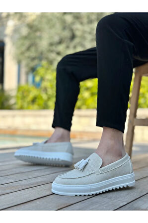 Arda  BA0154 Bağcıksız Yüksek Taban Beyaz Keten Püsküllü Erkek Ayakkabı