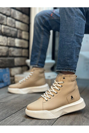 Arda  BA0155 Bağcıklı Erkek Yüksek Taban Krem Beyaz Taban Spor Bot