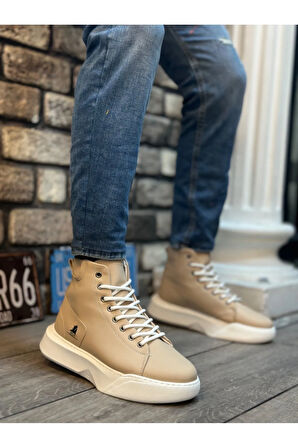 Arda  BA0155 Bağcıklı Erkek Yüksek Taban Krem Beyaz Taban Spor Bot