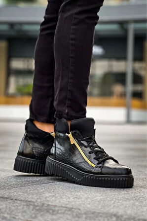 Arda  SNR-512 BOA Kalın Yüksek Siyah Taban Çift Fermuarlı Siyah Erkek Spor Bot