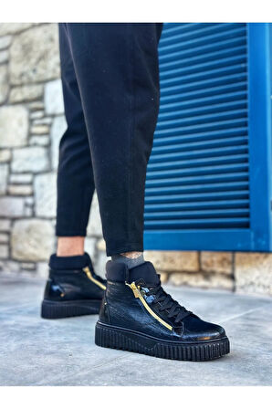 Arda  SNR-512 BOA Kalın Yüksek Siyah Taban Çift Fermuarlı Siyah Erkek Spor Bot