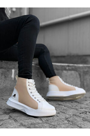 Arda  BA0256 Bağcıklı Erkek Yüksek Taban Beyaz Krem Taban Spor Bot