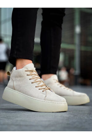 Arda  LE10 Bağcıklı Erkek Yüksek Taban İthal Süet Krem Spor Bot