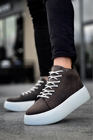 Arda  LE10 Bağcıklı Erkek Yüksek Beyaz Taban Kahverengi Spor Bot