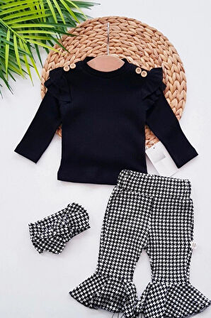 Kız Bebek Kazayağı Desenli Bandanalı 3'lü Takım