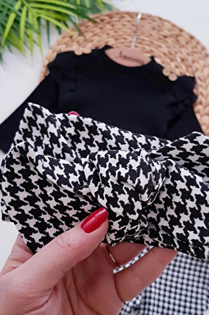 Kız Bebek Kazayağı Desenli Bandanalı 3'lü Takım