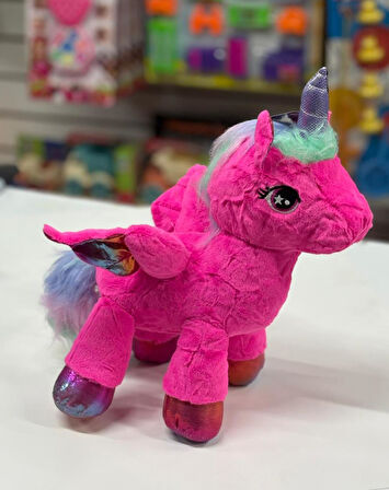 Oyuncak Peluş Kanatlı Unicorn Tek Boynuzlu At Fuşya Koyu Pembe 30 CM