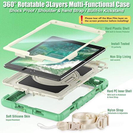 Apple iPad Air 10.9 2022 (5.Nesil) Uyumlu Strap Tablet Kılıfı Ekran Koruyuculu Kalemlikli 360° Döner Darbeye Dayanıklı