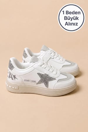 Zoom Çocuk Yıldız Detaylı Günlük Sneaker Rahat Tabanlı Bağcıklı Spor Ayakkabı - Beyaz