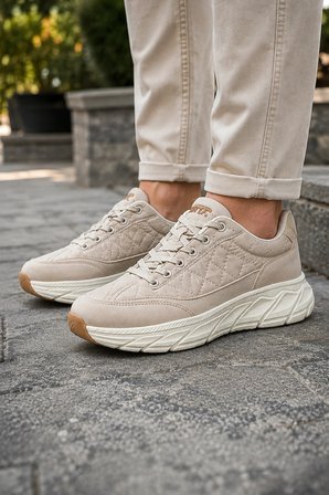 Quantum Erkek Günlük Spor Ayakkabı Rahat Tabanlı Bağcıklı Hafif Casual Sneaker - Bej