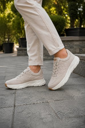 Quantum Erkek Günlük Spor Ayakkabı Rahat Tabanlı Bağcıklı Hafif Casual Sneaker - Bej