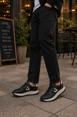 Mamba Erkek Günlük Spor Ayakkabı Bağcıklı Rahat Tabanlı Casual Sneaker Siyah-Bej