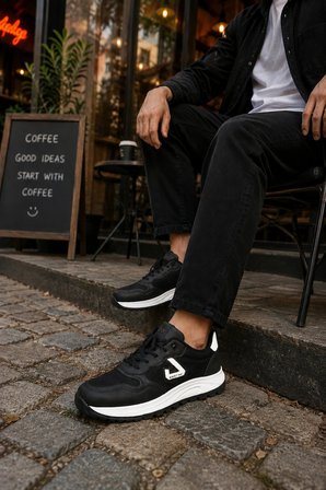 Mamba Erkek Günlük Spor Ayakkabı Bağcıklı Rahat Tabanlı Casual Sneaker Siyah-Beyaz