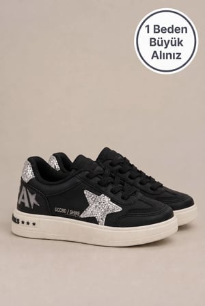Zoom Çocuk Yıldız Detaylı Günlük Sneaker Rahat Tabanlı Bağcıklı Spor Ayakkabı - Siyah