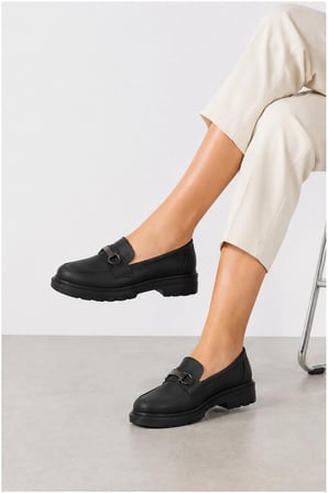 Axiom Ortopedik Kadın Loafer | Metal Tokalı Suni Deri Kalın Taban Ayakkabı - Siyah