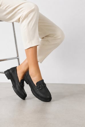 Axiom Ortopedik Kadın Loafer | Metal Tokalı Suni Deri Kalın Taban Ayakkabı - Siyah